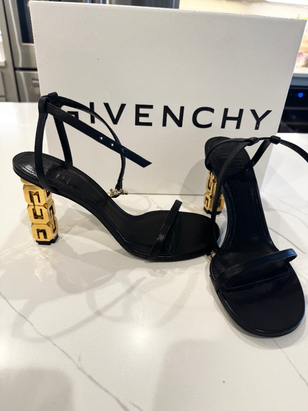 Givenchy G Cube Heel Leather Sandals Black Gold Heel Size 40 - Picture 1 of 6